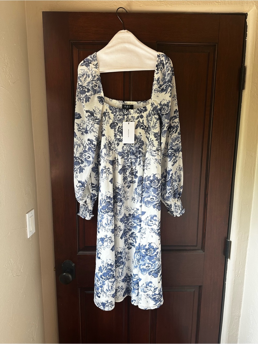 O.P.T. Blue and White Floral Square-Neck Midi Dress-Size XL-Brand New w/tag
